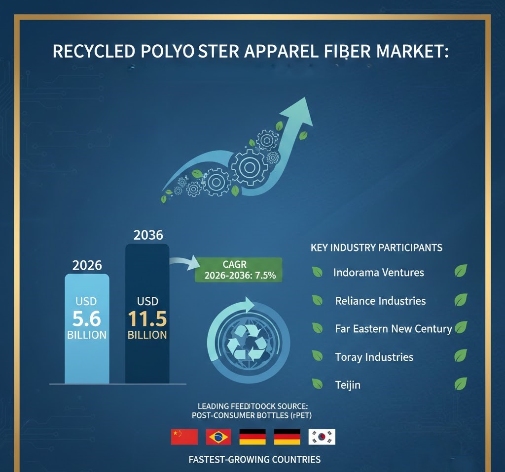 Recycled Polyester Apparel Fiber Market to Reach USD 11.5 billion by 2036, Growing at 7.5% CAGR